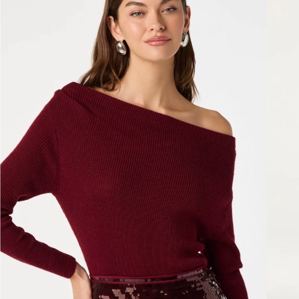 Astr The Label Burgundy Knit Off the Shoulder Sweater